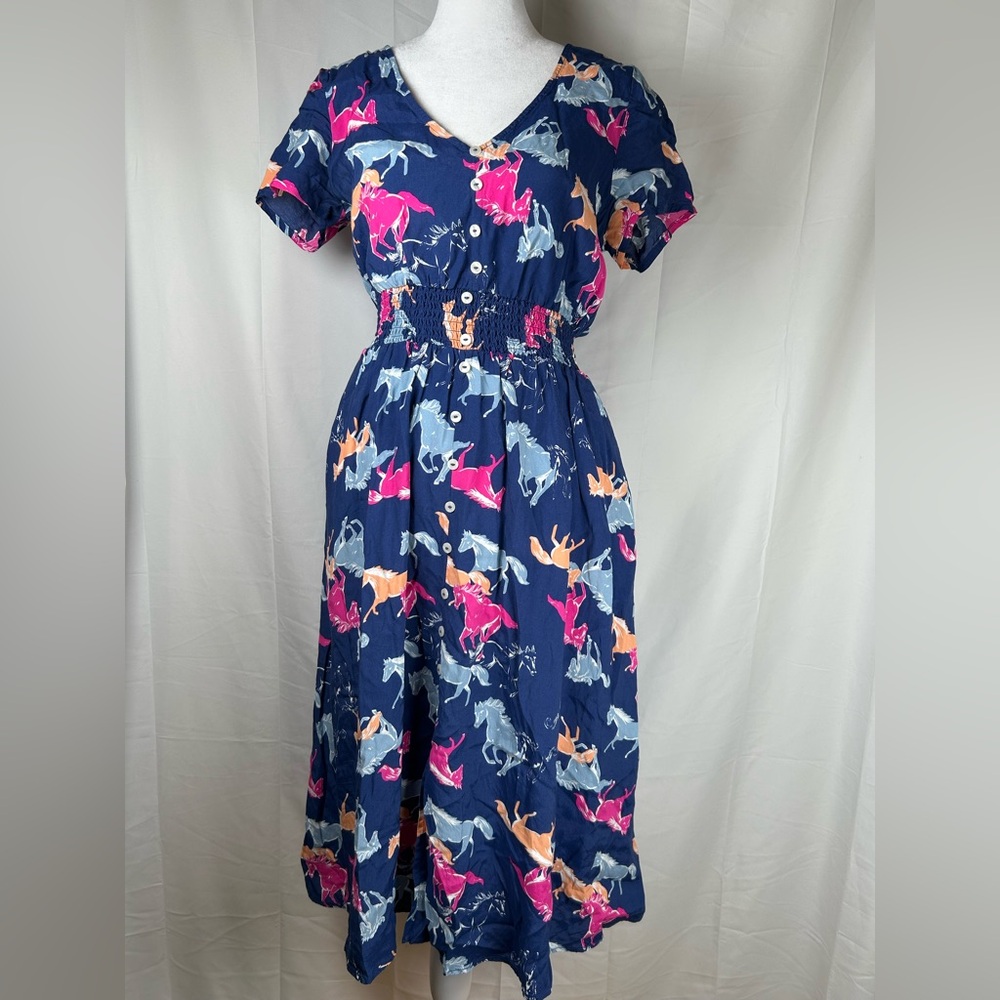 ModCloth Neon Stampede Midi Dress Women’s Small Navy Pink Button Front